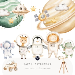 Bundle di clipart di astronauti safari ad acquerello, set di illustrazioni di animali spaziali, simpatica grafica galattica per bambini, decorazioni per feste e artigianato