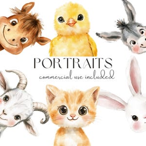 Retratos de animais em aquarela Clipart | Rostos de fazenda e animais de estimação PNG | Animais fofos como coelho, pintinho, gatinho e muito mais | Arquivos de arte digital transparente