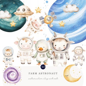 Bundle di clipart di astronauti della fattoria ad acquerello, illustrazioni di animali spaziali carini, download digitale cosmico per bambini, decorazioni per feste e artigianato