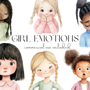 Pacchetto Clipart emozioni ragazza acquerello, espressioni facciali bambini, illustrazioni di ragazze emozionali, USO COMMERCIALE INCLUSO
