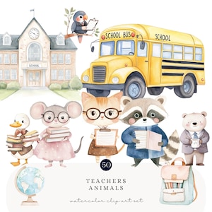 Conjunto de clipart de animais para professores de aquarela - Ilustrações fofas de animais escolares com ônibus, livros e escola para crianças e decoração de sala de aula
