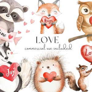 Clipart di San Valentino con acquerello del bosco / Animali carini con cuori / Sii mio, amore, gioia, abbracci / File PNG trasparenti, vivaio, USO COMMERCIALE
