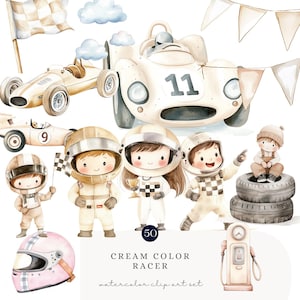 Aquarel crème racewagen clipart set neutrale racer PNG bundel met oldtimers stuurprogramma's vlaggen helmen voor feest decor COMMERCIEEL GEBRUIK