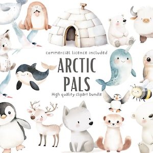 Pacchetto di clipart acquerelli Arctic Pals / Simpatici animali invernali con licenza commerciale / Decorazioni digitali per la cameretta dei bambini e design per baby shower