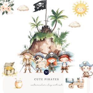 Lindo paquete de imágenes prediseñadas de acuarela de piratas / Adorables personajes piratas, elementos del tesoro y de la isla con licencia comercial / Manualidades para fiestas infantiles