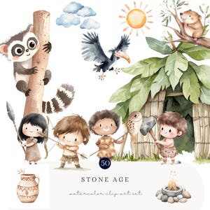 Set di clipart ad acquerello dell'età della pietra - Bambini preistorici, uomini delle caverne, animali, capanne, fuoco e strumenti, arte digitale per uso commerciale