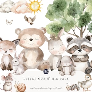 Woodland Animal Clipart Set | Little Cub and His Pals | Cute Watercolor Forest Creatures for Baby Showers, Nursery Decor, COMMERCIAL USE