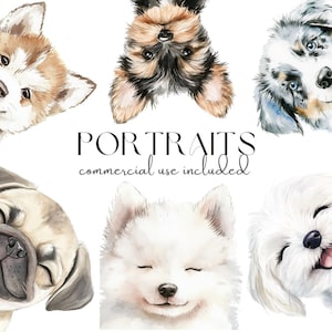 Aquarell Hunde Portraits Clipart Set - süsse Welpen Gesichter, Haustier Illustrationen, Hunderassen Kunst, digitaler Download, kommerzielle Nutzung