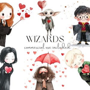Set di clipart di maghi magici, simpatici personaggi dei cartoni animati, download digitale per San Valentino, uso commerciale incluso, stampe per feste per bambini
