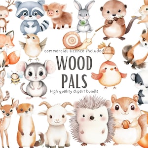 Lot de cliparts animaux des bois Wood Pals | Ensemble PNG de mignons animaux de la forêt pour baby shower et chambre de bébé | Aquarelle | Utilisation commerciale