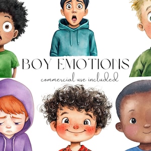 Clipart de emociones de niño en acuarela / Conjunto de expresiones de niños lindos PNG / Caras felices, tristes y sorprendidas USO COMERCIAL INCLUIDO