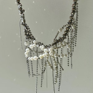 Silver Crystal Bow Necklace – Layered Chains & Beads – Handmade Statement Jewelry