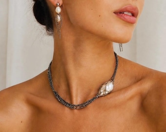 Freshwater Pearl Necklace Set, Asymmetric Pearl Choker, Stainless Steel Mesh Chain Jewelry, Modern Bridal Set, Minimalist Gift for Her
