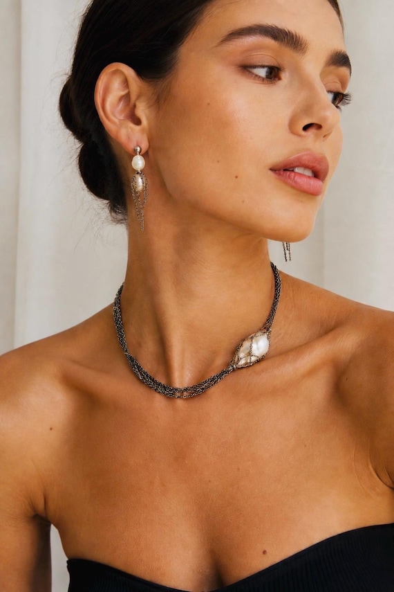 Freshwater Pearl Necklace Set, Asymmetric Pearl Choker, Stainless Steel Mesh Chain Jewelry, Modern Bridal Set, Minimalist Gift for Her