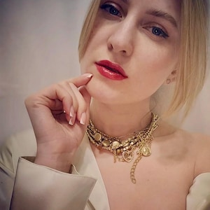Bold Statement Gold Necklace – Layered Chunky Choker with Mixed Chains & Charms | Edgy Handmade Jewelry