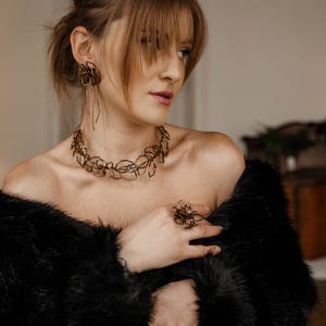 Convertible Gold Geometric Jewelry Set, Handmade Avant-Garde Necklace, Ring, Earring