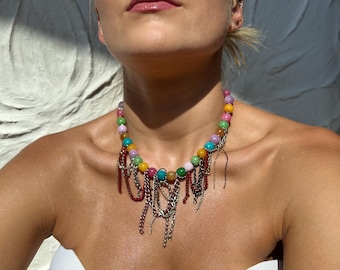 Handmade Multicolor Crystal Beaded Statement Necklace, Festival Choker Jewelry
