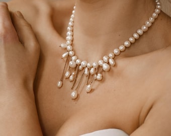 Handmade Pearl Drop Necklace, Elegant Bridal Statement Wedding Jewelry