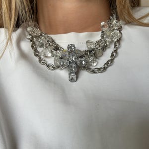 Crystal Cross Necklace – Chunky Layered Glass Beads, Rhinestones & Grey Chain – Handmade Gothic Statement Jewelry
