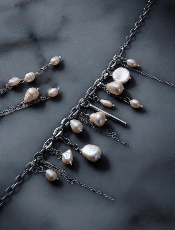 Baroque Pearl Jewelry Set – Statement Necklace & Drop Earrings, Irregular Freshwater Pearls, Handmade Chain Set