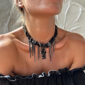 Gothic Black Cross Statement Necklace, Rhinestone Chains & Mixed Beads