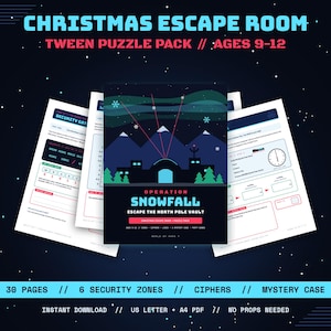 Escape Room navideño para preadolescentes de 9 a 12 años, paquete de rompecabezas imprimibles, cifrados, rompecabezas de lógica, juego de misterio y espías, juegos para fiestas navideñas.