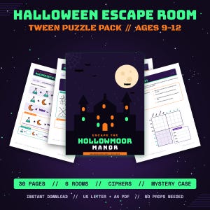 Halloween-Escape-Room für Kinder von 9 bis 12 Jahren, druckbare Rätsel, Chiffren, Logikrätsel, Mystery-Spiel, Partyspiele, Sofort-Download