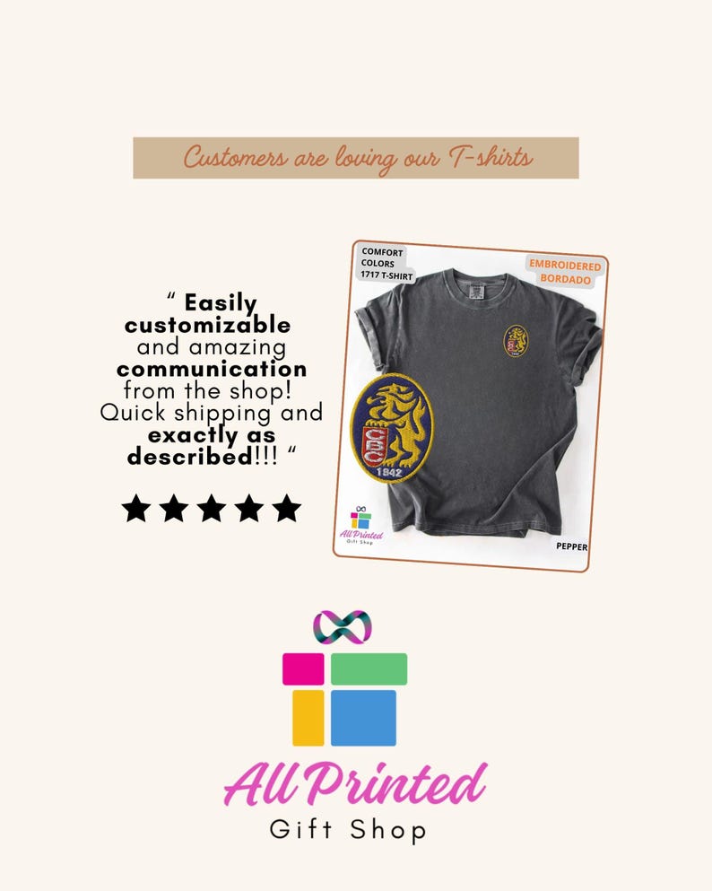 Mockup of a Comfort Colors 1717 vintage-colored t-shirt featuring a small embroidered Venezuela-inspired lion crest on the left chest. The embroidery showcases a gold lion inside a navy blue oval with red and white shield details and the year 1842. A close-up view of the embroidered design is displayed alongside the shirt, highlighting the textured stitching and premium craftsmanship. Ideal Venezuelan pride apparel, Venezuela gift, VZLA shirt, and Caracas-inspired clothing.