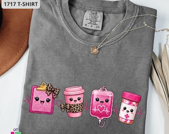 Comfort Colors Kawaii Nurse Shirt, RN Graduation Gift for Class of 2026, New Grad BSN, Leopard Print Medical Icons Heartbeat Graphic Tee