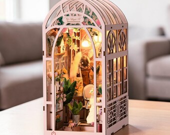 Rolife Mini Greenhouse Book Nook Kit, DIY Miniature House, 3D Wooden Puzzle, LED Light Glasshouse Diorama Shelf Insert, Plant Lover Gift