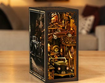 Rolife Vintage Car Book Nook Kit, DIY Miniature House, 3D Wooden Puzzle Shelf Insert, Retro Garage Diorama, Car Lovers Gift, Book Nook Decor