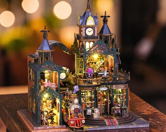 Magic Train Station Book Nook Kit, Rolife Style DIY 3D Wooden Puzzle Mini Fantasy Railway Shop, LED Miniature House Bookend Craft Gift Decor