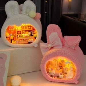DIY Miniature House Kit Bunny Cafe | Light-Up Plush Mini Room | Kawaii DIY Dollhouse Craft Kit | Cute Handmade Gift for Girls & Teens