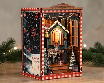 Christmas Miniature House DIY Book Nook Kit, 3D Wooden Puzzle, LED Bookshelf Insert, Holiday Miniature Room, Christmas Decor Gift