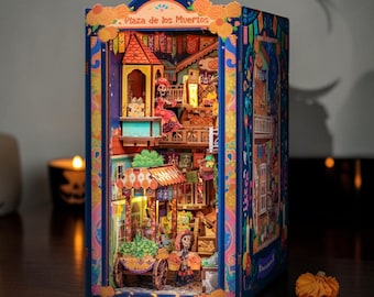Rolife Plaza de los Muertos Book Nook Kit, DIY Miniature House, 3D Wooden Puzzle, LED Bookshelf Insert, Day of the Dead Decor