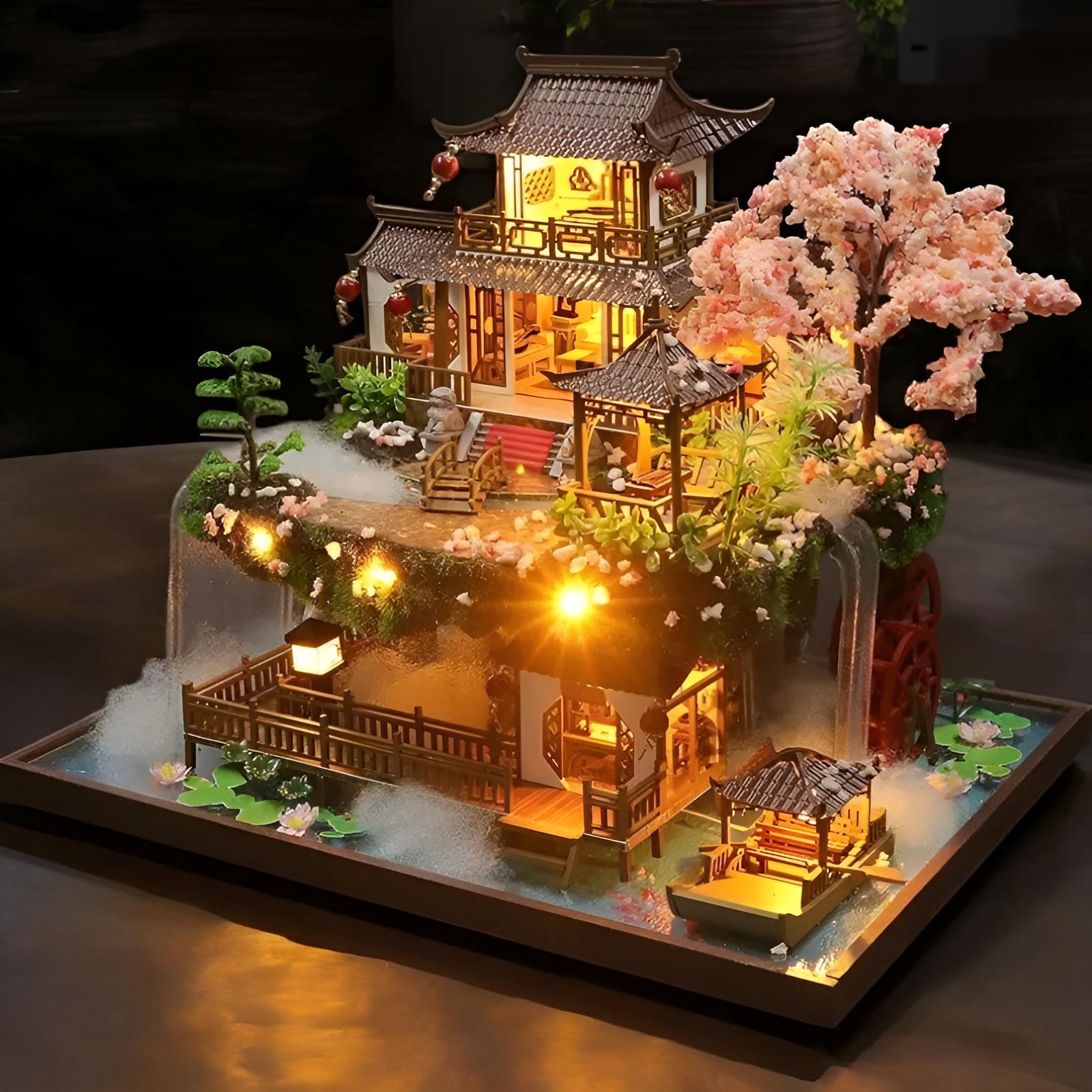 DIYミニチュアハウスキット - LEDライト付き桜の塔、滝の庭園シーン