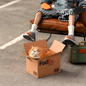 May include: A brown cardboard box with the FedEx logo and the words "Express" printed on the side. A sleeping orange tabby cat is inside the box.