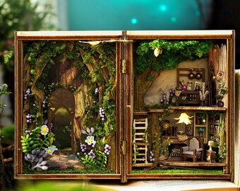 DIY Miniature House Kit, Forest Book Nook Diorama with LED Lights, Reading Corner Decor