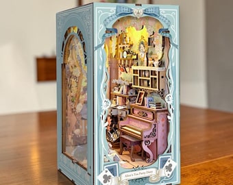 Rolife Alice Tea Party Book Nook Kit, DIY Miniature House 3D Wooden Puzzle Dollhouse, LED Bookshelf Insert Fantasy Gift for Book Lovers