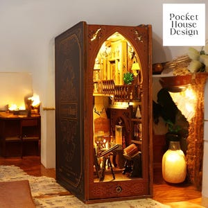 Library of Books Wooden Miniature Book Nook Shelf Insert 3D Wooden Puzzle Diorama, DIY Miniature House Kit Miniature World Bookshelf Decor