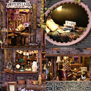May include: A detailed miniature diorama of a witch's apothecary shop, featuring shelves filled with bottles, books, and decorative items. The sign reads "Witch's Lair Apothecary". The scene includes a black cat, an owl figurine, and a round window with a light.