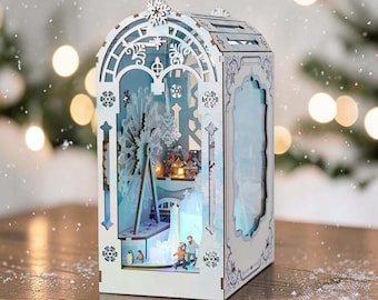 Rolife Winter Book Nook DIY Kit, 3D Wooden Puzzle Miniature House with LED Light, Snowy Christmas Village Shelf Insert, Cozy Holiday Decor