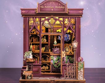 Rolife Astrology Bookshop DIY Miniature House Kit, 3D Wooden Puzzle Book Nook, Fantasy Bookstore Dollhouse, Magic Decor Gift