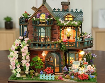 Rolife DIY Miniature Garden House Kit 3D Wooden Puzzle, Dollhouse with LED Lights, Floral Cottage Diorama, Book Nook Shelf Decor