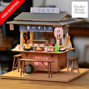 DIY Miniature House Sushi Bar Kit 1:24, Mobile Street Shop Diorama with Lights, Miniature World Craft Gift for Adults and Decor