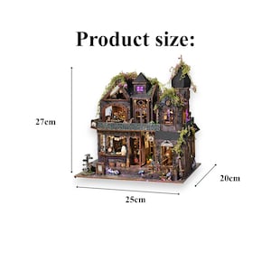 May include: A miniature haunted house model, measuring approximately 10.6 inches tall, 9.8 inches wide, and 7.9 inches deep. The model features intricate details, including multiple windows, a tower, and decorative foliage. The text "Product size:" is displayed above the model.