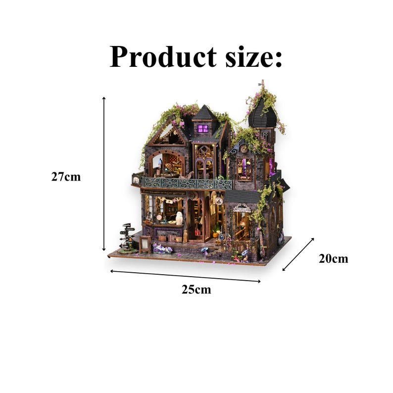 May include: A miniature haunted house model, measuring approximately 10.6 inches tall, 9.8 inches wide, and 7.9 inches deep. The model features intricate details, including multiple windows, a tower, and decorative foliage. The text "Product size:" is displayed above the model.