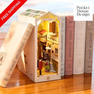 Build Your Own Book Nook DIY Kit Miniature Dollhouse Model Set Sunshine Town Mini Diorama Room Craft Kit for Adults, Unique Shelf Decor