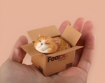 Handcrafted Miniature Cat in Box: Realistic Faux Fur Resin Figurine