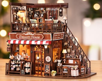 Dessert House Book Nook Kit, Rolife Style DIY 3D Wooden Puzzle Mini Bakery Cafe Shelf Insert, Cozy Pastry Shop Miniature Bookend Gift Decor